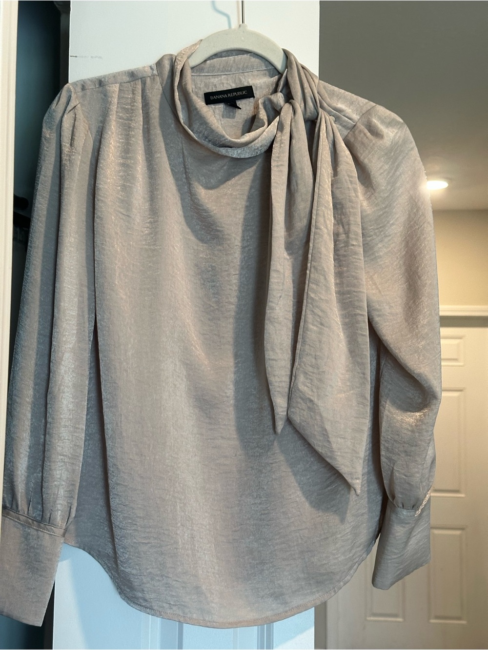 Banana Republic Women’s Metallic Taupe Tie-Neck Blouse